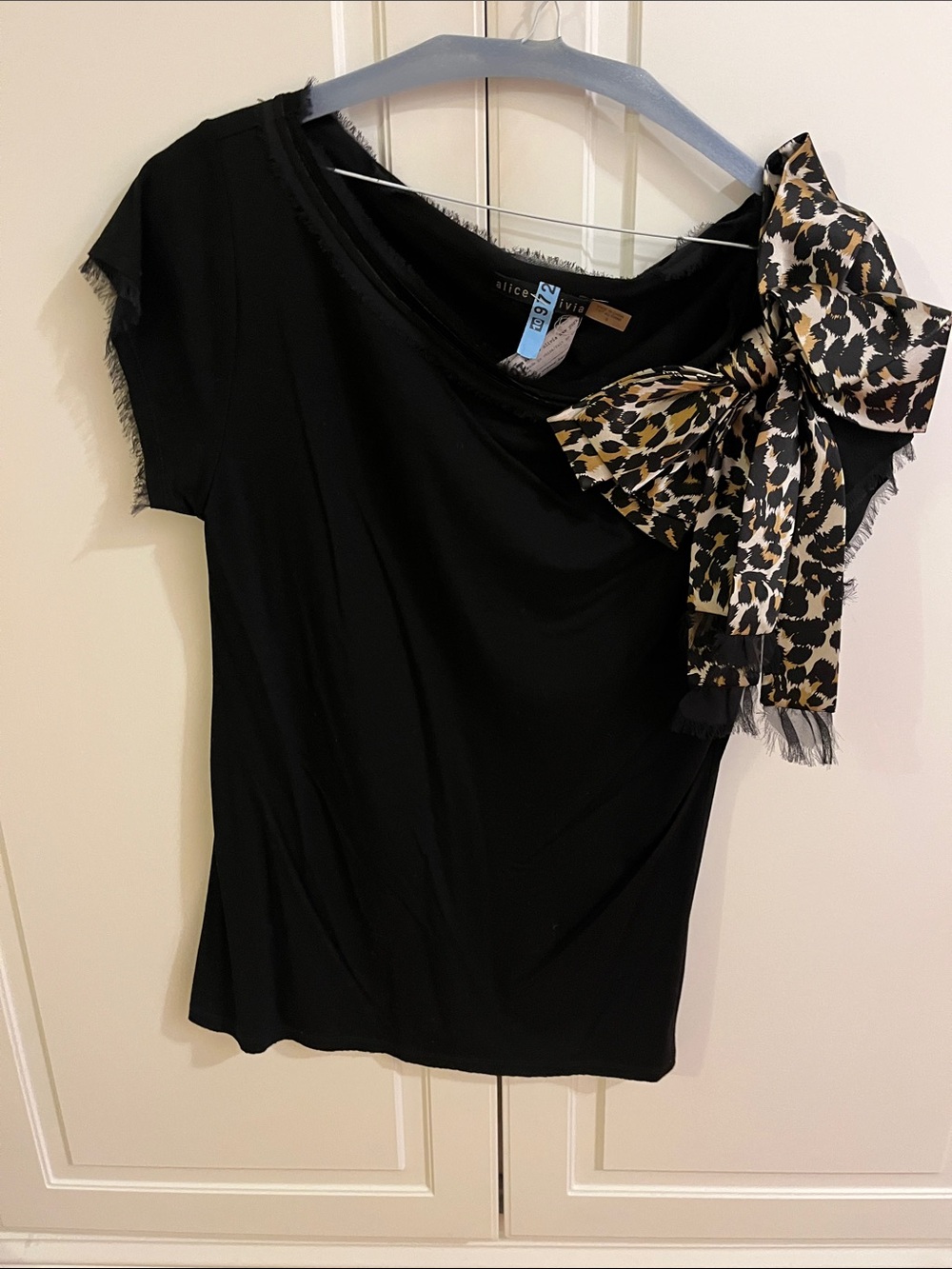 Alice + Olivia Black Short Sleeve Top with Leopard Bow Accent